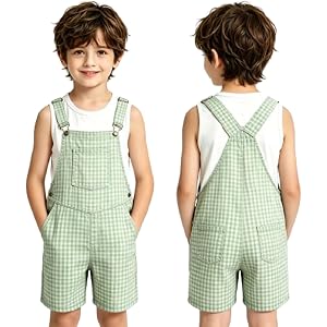 Boys Girls Overall Shorts Summer Casual Plaid Print Adjustable Strap Rompers with Pockets Going Out Jumpsuit for Kids 4-13Y