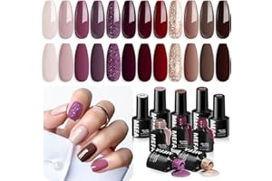 MEFA Fall Gel Nail Polish Set, 12 Colors Burgundy Red Nail Polish Set Champagne Gold Glitter Nail Polish Gel Soak Off Dark Red Purple Shimmer Nude Brown Manicure Gifts for Women Girl DIY Salon Home