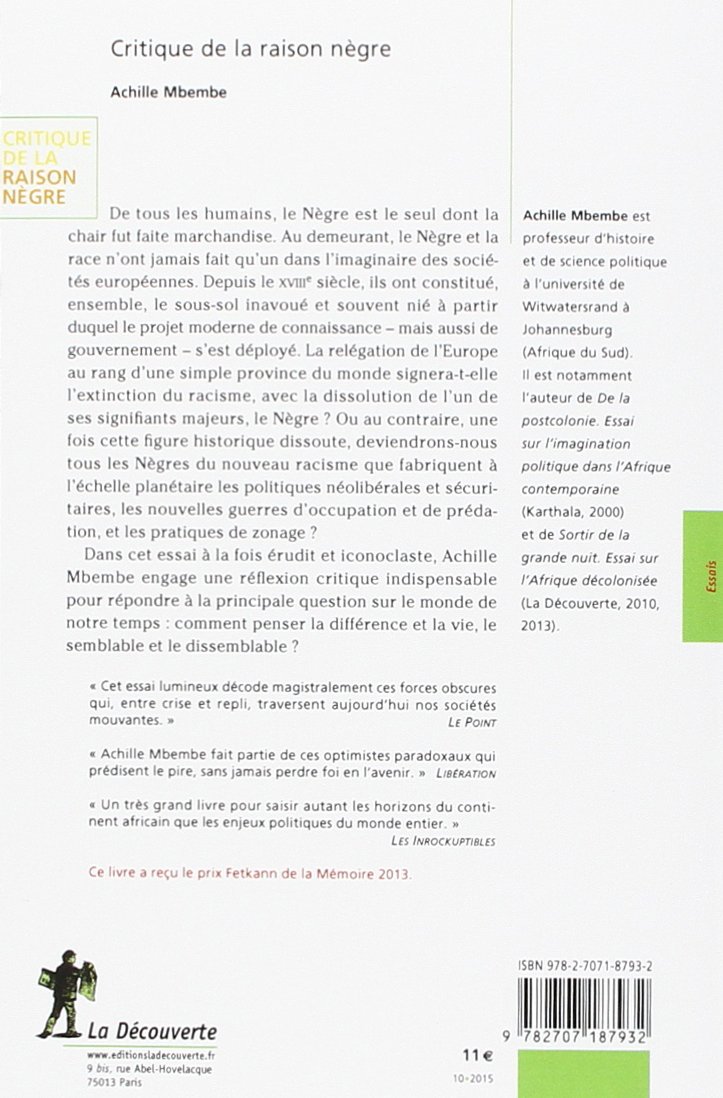 Critique De La Raison Negre Amazon De Mbembe Achille Fremdsprachige Bucher