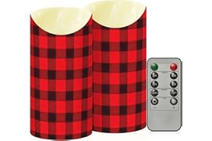 ZRYSMY Buffalo Plaid Pattern Flameless LED Candles with Remote and Timer - 5.9”x3”, 2 Pack, Battery-Operated Flickering Pilla