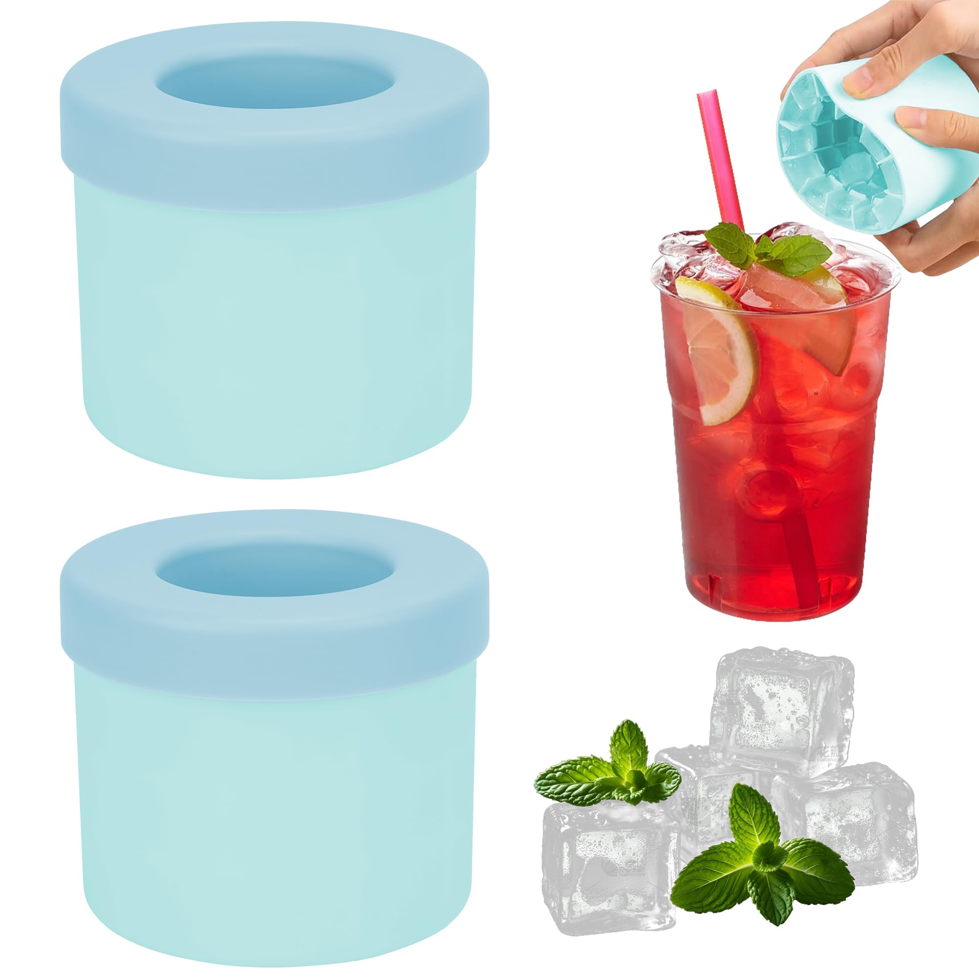 Photo 1 of 2 Pack Cylinder Silicone Ice Cube Molds, Easy-Release Ice Cube Trays for Cocktails, Whiskey, Coffee, Drinks, Portable Ice Bucket Maker Cup with Squeeze Design, 40 Pcs Ice Cubes Capacity (Blue)