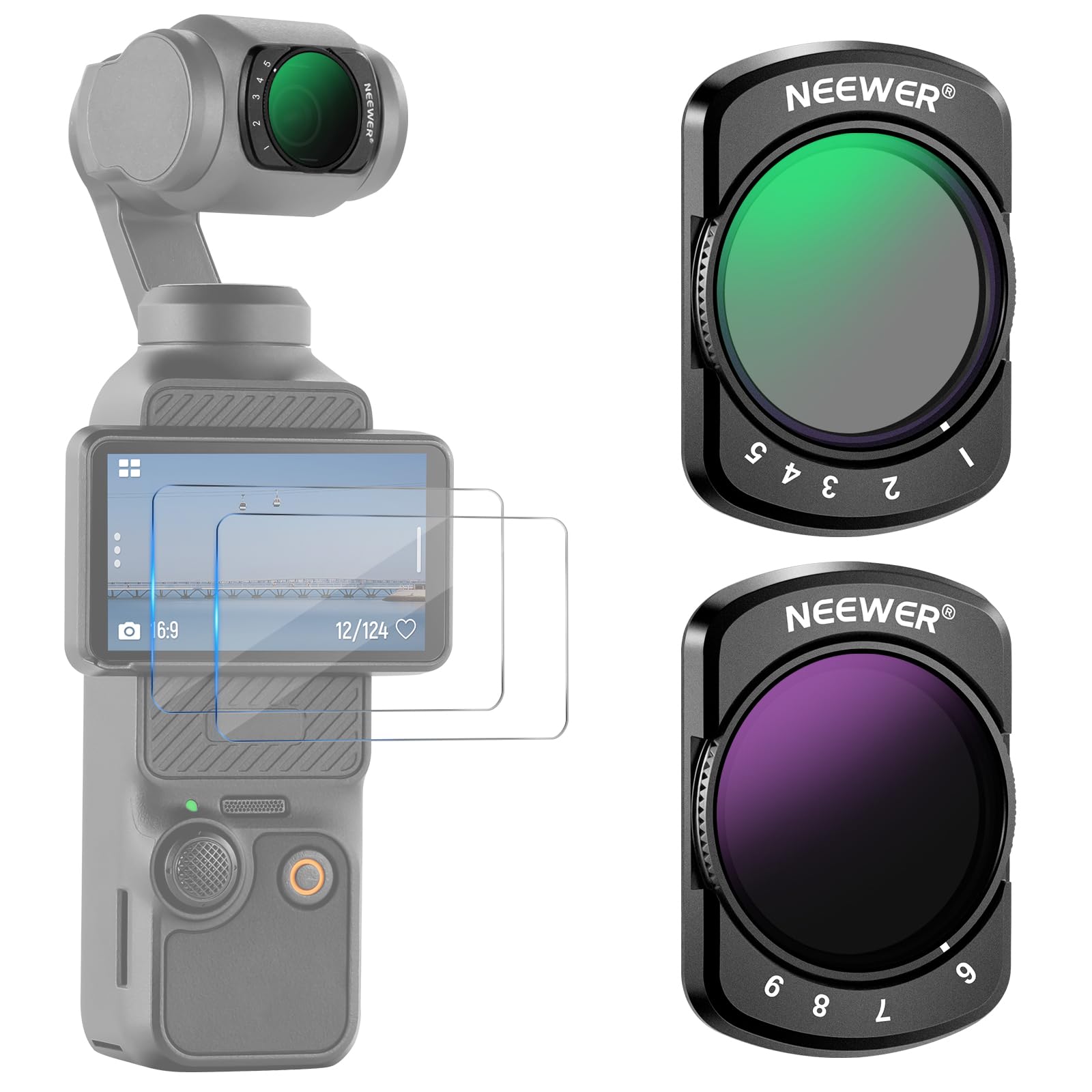 NEEWER Variable ND2-ND32 & ND64-ND512 Kit Compatible with DJI Osmo Pocket 4 & Pocket 3 Creator Combo Accessories, Limited Stops Neutral Density Filters, 2 Screen Protectors, Action Camera Accessories