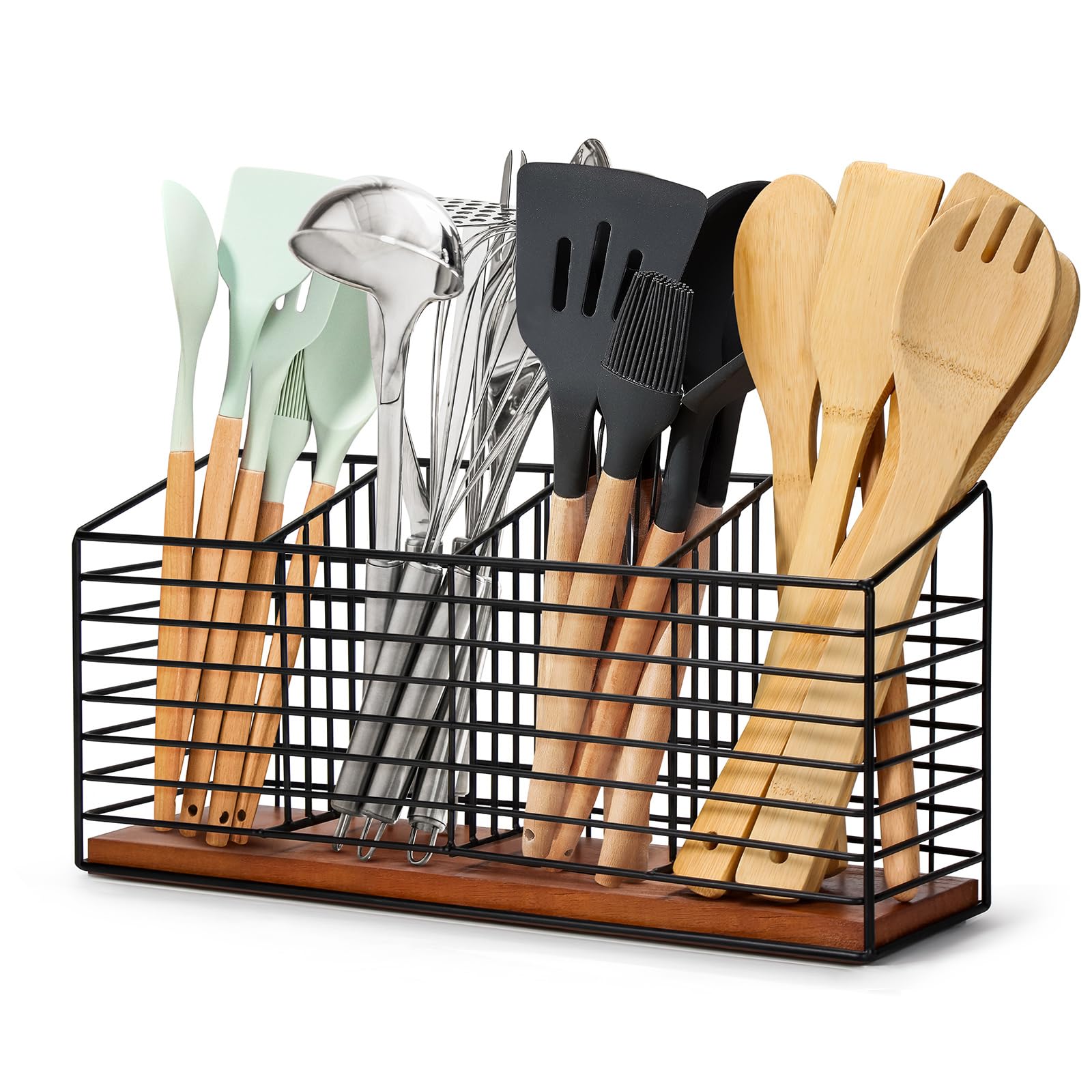 THYGIFTREE Utensil Holder for Kitchen Counter, Black Metal Cooking Utensil Organizer with Wooden Base, Farmhouse Utensil Crocks for Countertop — image 1