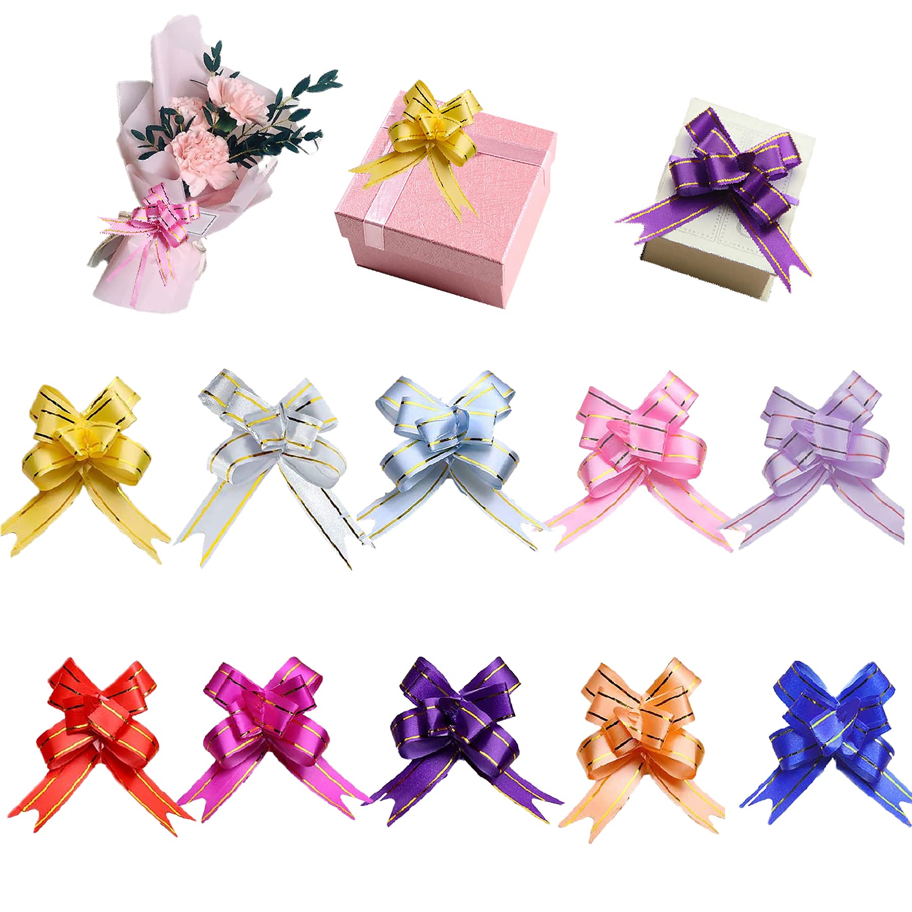 100 Packs Christmas Ribbon Pull Bows Present Basket Knot Ribbon Present String Wrapping Bows for Christmas New Year Thanksgiving Party Birthday Party Wedding Ornament, Assorted Colors