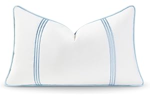 Hofdeco Premium Coastal Hampton Style Patio Indoor Outdoor Lumbar Pillow Cover Only, 12"x20" Water Resistant for Backyard, Couch, Baby Blue Embroidered Vertical Line