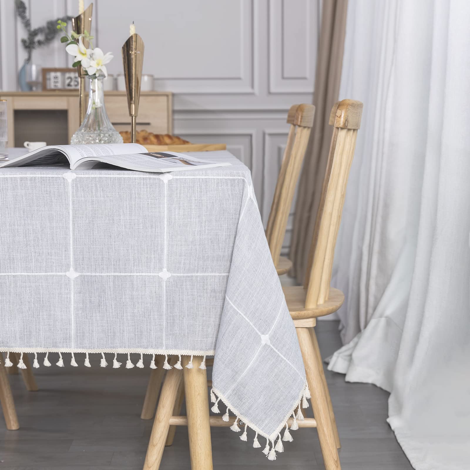 SUNBEAUTY Table Cloth Checked 140x180 Tablecloth Rectangular Cotton Linen Grey Table Cloths Wipe Clean with Tassel Fringe for Kitchen Dining Table Decorations - 55 x 70 inch