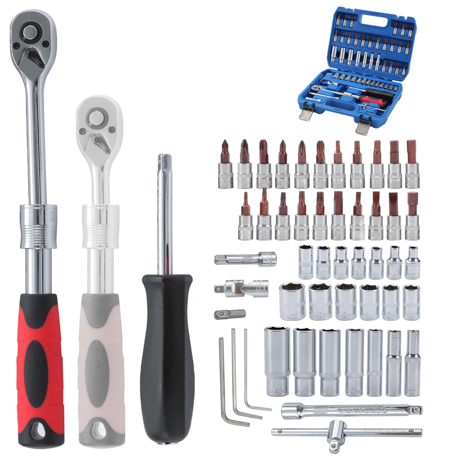 KATSU 1/4 Inch Drive Extendable Wrench Socket Set 51 PCs 72 Teeth Telescopic Quick Release Socket Ratchet Wrench, Chrome Vanadium Steel, Auto Repairing Garage Mechanic Tool