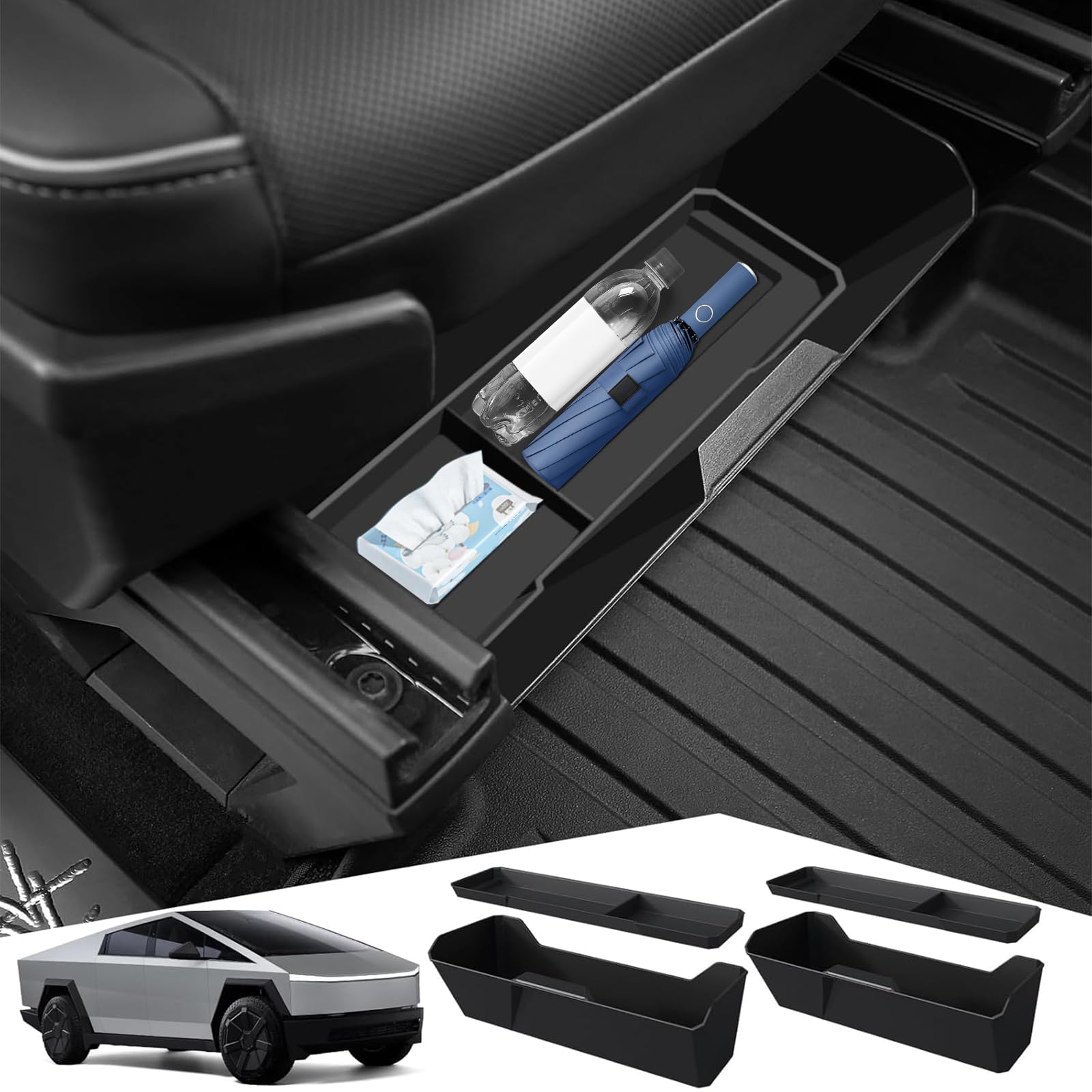 Photo 1 of 2 PCS Front Under Seat Storage Box for 2024 Tesla Cybertruck Accessories, Under Seat Organizer Hidden Tray with Silicone Pad for Cybertruck, Easy to Clean Maximize Hidden Space