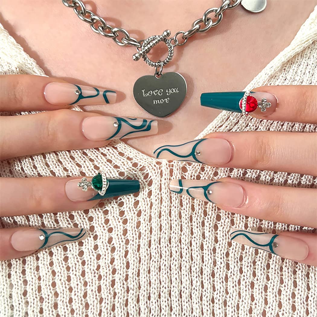 Brishow Coffin Rhinestone Press On Nails - French Ballerina Acrylic Fake Nails - 24pcs for Women and Girls (B)