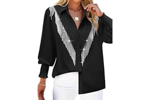 MYMORE Women's ❷⓿❷❺ Smocked Cuffed Western Cowgirl Button Down Shirt Long Sleeve Sparkly Fringe Tops Country Concert Outfit