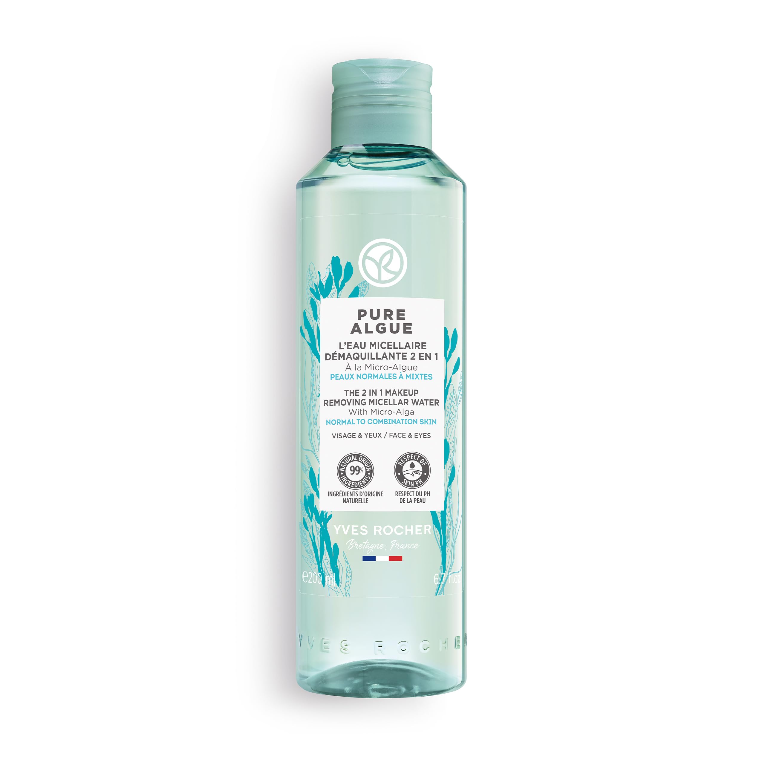 Yves Rocher Pure Algue 2-in-1 Micellar Water - Gently Removes Makeup and Nourishes the Skin - With Micro Algae - 200 ml