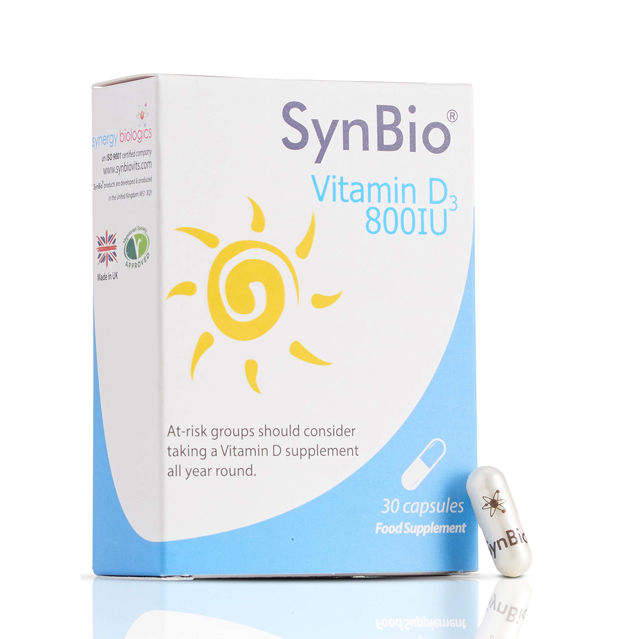 SynBio Vitamin D3 800 IU | 30 Capsules | Peanut/Nut Free | Vegetarian | SOYA Free | Dairy Free | Yeast Free | Gelatin Free | Vitamin D Food Supplement [Made in The UK]