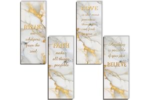 ONIZHITY 4 Pcs White and Gold Bathroom Decor Gold Wall Decor with Dreams Faith Love Believe Wooden Rustic Marble Style Versatile Bathroom Accessories for Bedroom Living Room Kitchen(White Gold 10X4)