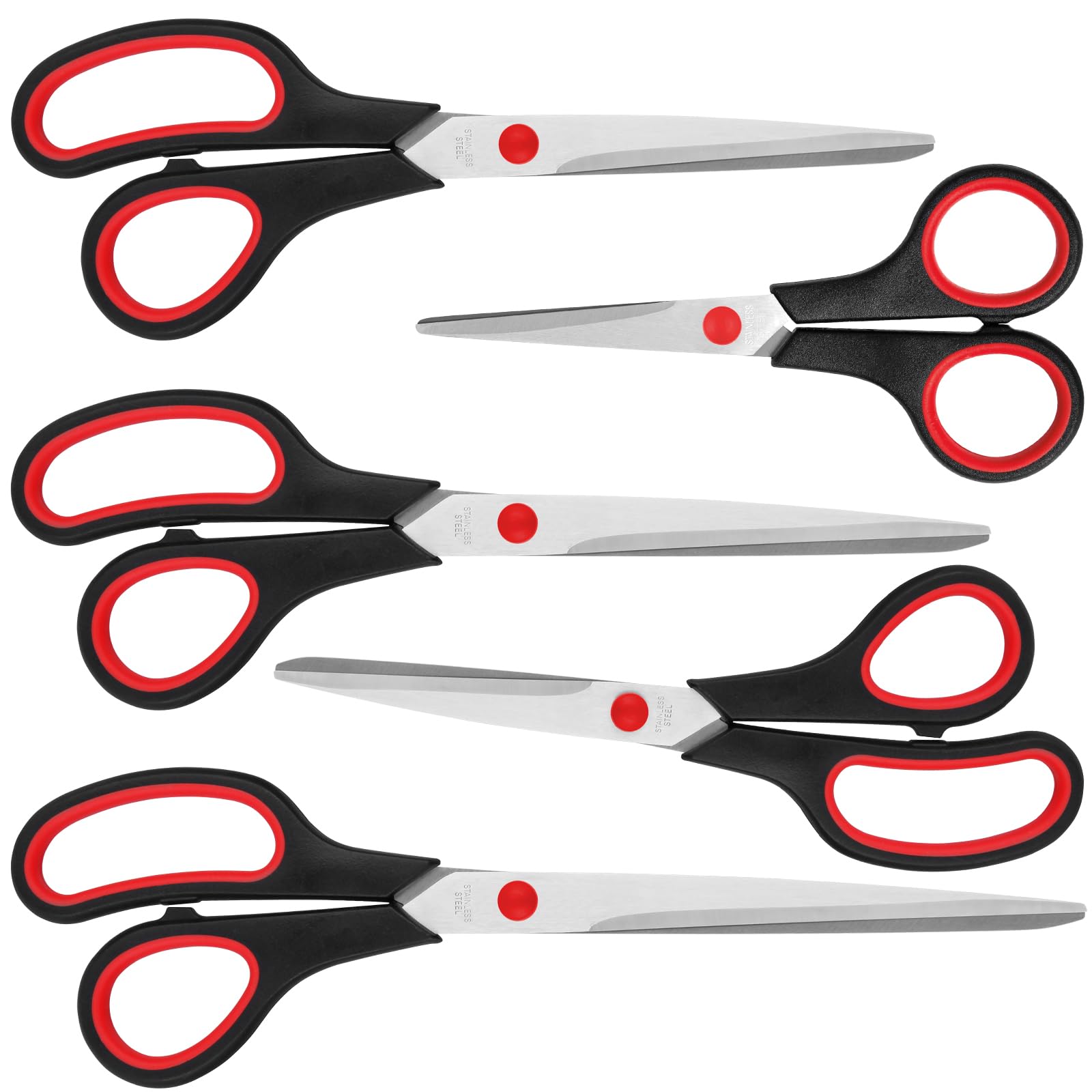 Scissors, Multipurpose Scissors with Sharp 2mm Thick Blades, Soft Grip Handle, Heavy Duty Stainless Steel Scissors for Home Offices Schools, Black & Red, 5 Size