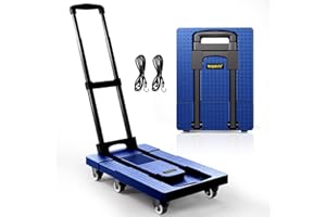 Voipvvii Folding Hand Truck 600lbs, Portable Heavy Duty Dolly Cart, 6 Wheels Collapsible Luggage Cart with 2 Elastic Ropes - 