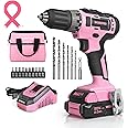 WORKPRO 20V Pink Cordless Drill Driver Set, 3/8” Keyless Chuck, 2.0 Ah Li-ion Battery, 1 Hour Fast Charger and 11-inch Storage Bag Included - Pink Ribbon