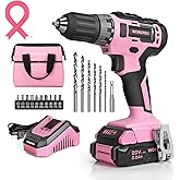 WORKPRO 20V Pink Cordless Drill Driver Set, 3/8” Keyless Chuck, 2.0 Ah Li-ion Battery, 1 Hour Fast Charger and 11-inch Storage Bag Included - Pink Ribbon