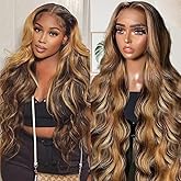 Sunelk Honey Blonde Ombre Lace Front Wig Human Hair Highlight Body Wave Lace Front Wigs Human Hair Pre Plucked 200 Density Glueless Wig 13X6 HD Lace Frontal Wig for Women 4/27 Colored 28 Inch