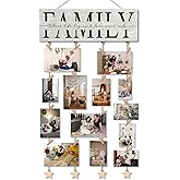 NaZaUK Family Picture Frames Collage Photo Hanging Display, Picture Board Wood Rustic Frames, Hanging Photo Display with Clips, Home Bedroom Wall Decor, Family Where Life Begins and Love Never Ends