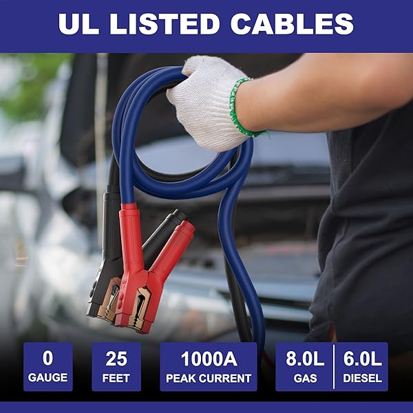 EXTRESPO HEAVY DUTY JUMPER CABLES, 0 GAUGE 25 FEET 1000AMP BOOSTER CABLES, UL LISTED CABLES FOR 12V & 24V CARS, SUVS AND TRUCKS, JUMPER CABLES KIT WITH CARRY BAG, GLOVES, BRUSHES (0 GAUGE 25 FEET)…