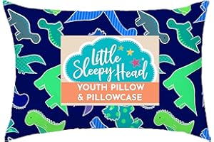 Little Sleepy Head Youth Pillow with Pillowcase 16x22, Soft Jumbo Toddler Pillow & Hypoallergenic Pillowcase - Best Kids Pillows for Sleeping, Perfect Kids Travel Pillow (Dinosaurs Blue)