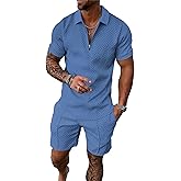 Kubsid Haze Blue L Men Track Suits 2 Piece Set Summer Casual Outfits Fashion Polo Shirts Short Sleeve and Shorts Set Vacation Clothes