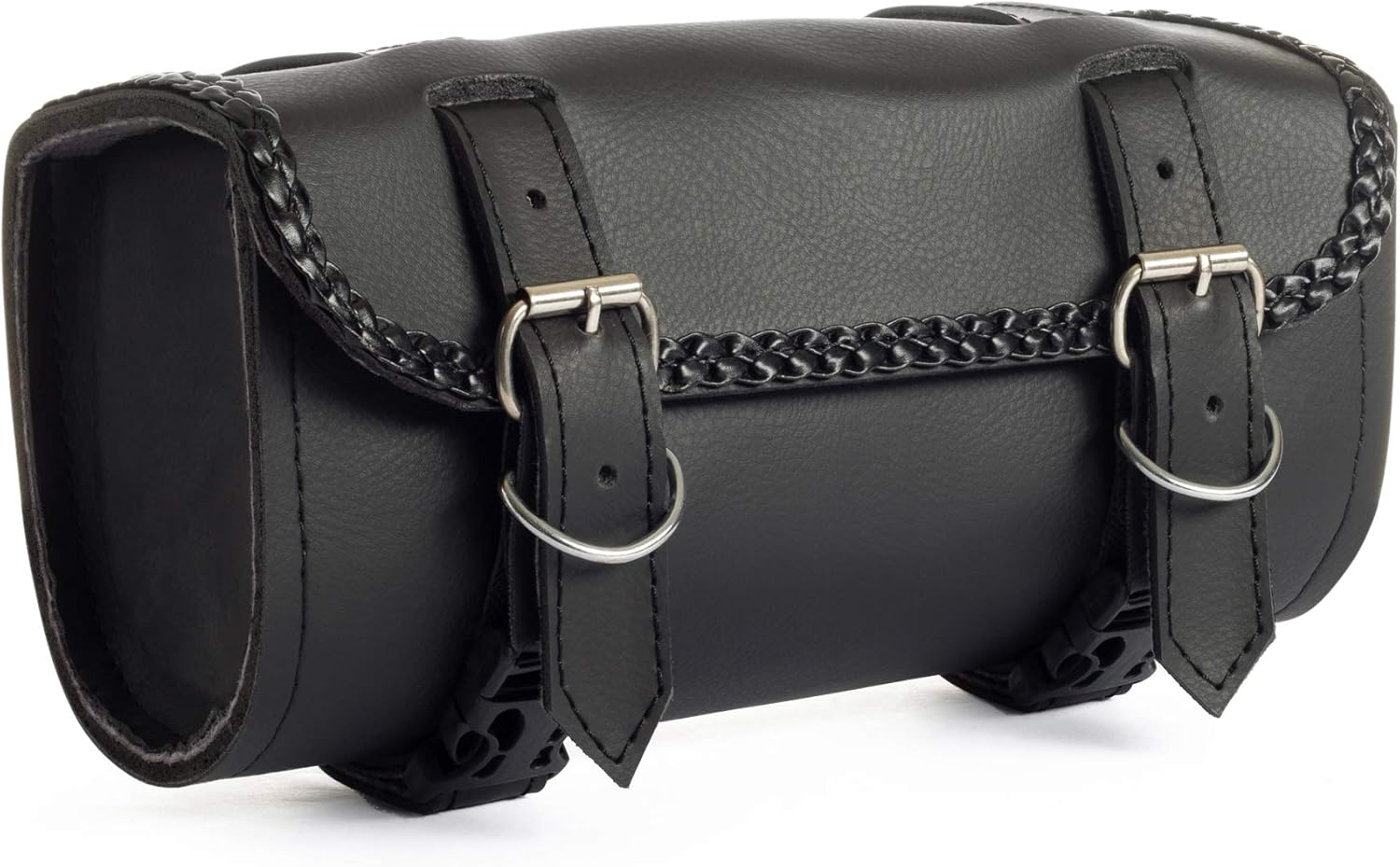 The Nekid Cow | Motorcycle Handlebar Bag Premium Synthetic Black PVC Leather Easy to Install No Rust 2 Strap Closer Storage Tool Bag Pouch for Saddle Bag Sissy Bars, Forks or Windshield (Plain): Automotive