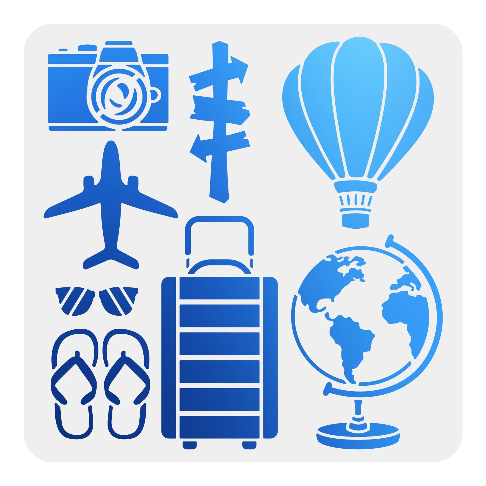 MAYJOYDIY Travel Theme Stencil, 30x30 cm, 8 Patterns with Camera, Hot Air Balloon, Aircraft Design for Wall, Furniture, Crafts