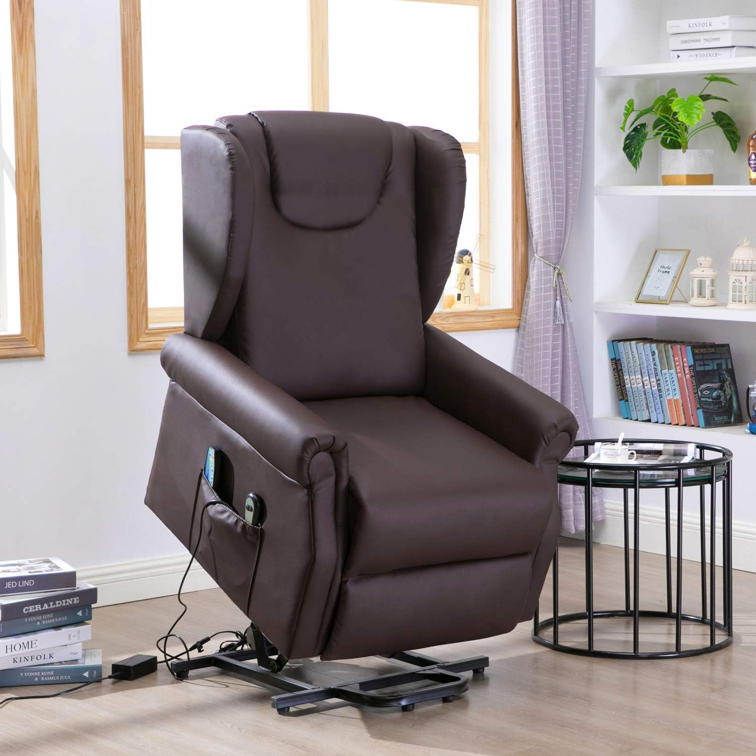 Infurnise Electric Brown PU Lift Chair Living Room Bedroom Heated Massage Sofa Lounge, Elder People Recliner with Remote Control