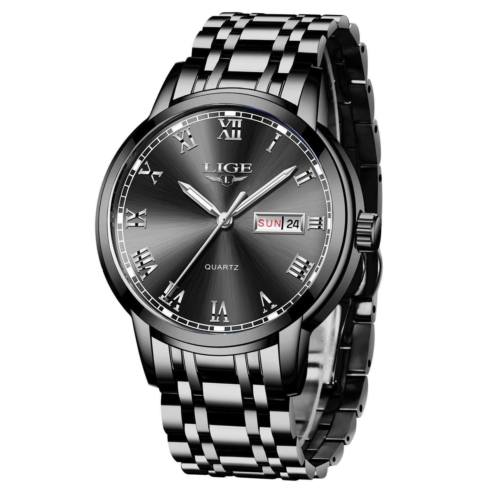 LIGE Mens Watches Waterproof Stainless Steel Simple Design Analogue Quartz Watch Men Business Casual Date Blue Wrist Watch for Men (Sliver)