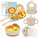 MIICASA Silicone Baby Feeding Set, Baby Led Weaning Supplies, Baby Food Tableware Silicone Suction Plate, Bowl, Spoons, Fork, Waterproof Bib, Cup & Complementary Food Cake Mold, Baby Eating Utensils
