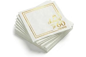 Horaldaily 50 Pack Cheers to 60 Years Cocktail Napkins, 5x5 Inches White and Gold Foil Birthday Paper Napkins for Party Anniv