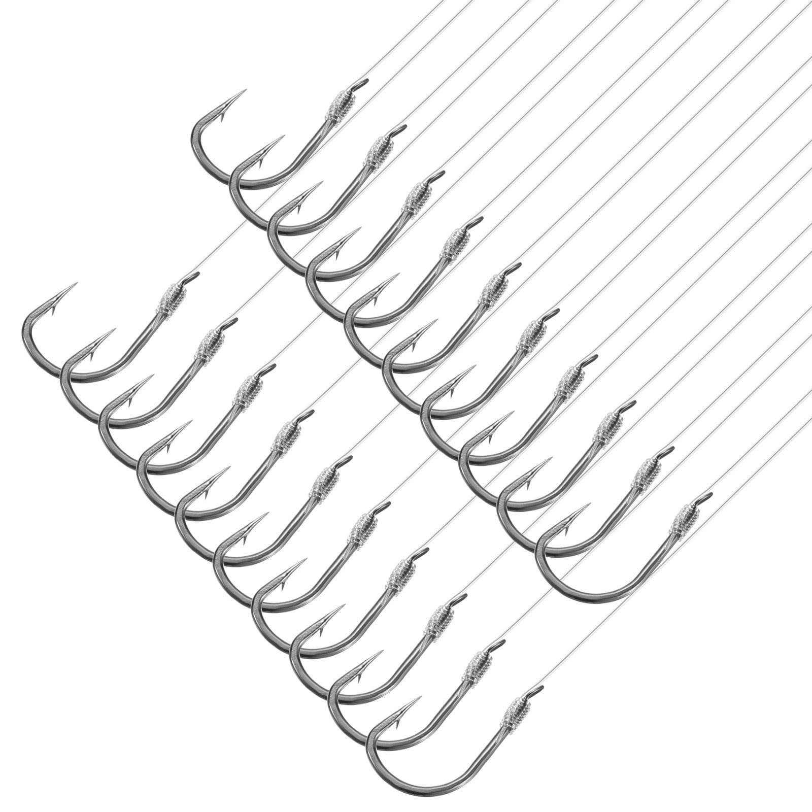 PATIKIL 8# Small Fishing Hooks with 36cm Line, 20Pcs 0.47x0.27 Inch Double Hook Rigs with Barbs Fishing Hook on Nylon Line for Freshwater, Silver Tone