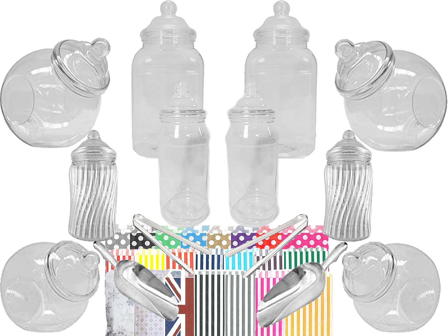LARGE 10 MIXED Plastic Sweet Jars, 2 Tongs, 2 Scoops, 100 Bags