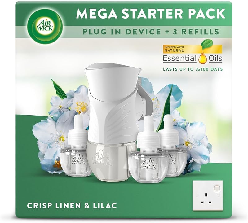 Air Wick Air Freshener Plug In Diffuser Starter Kit Crisp Linen Lilac 3 Refills
