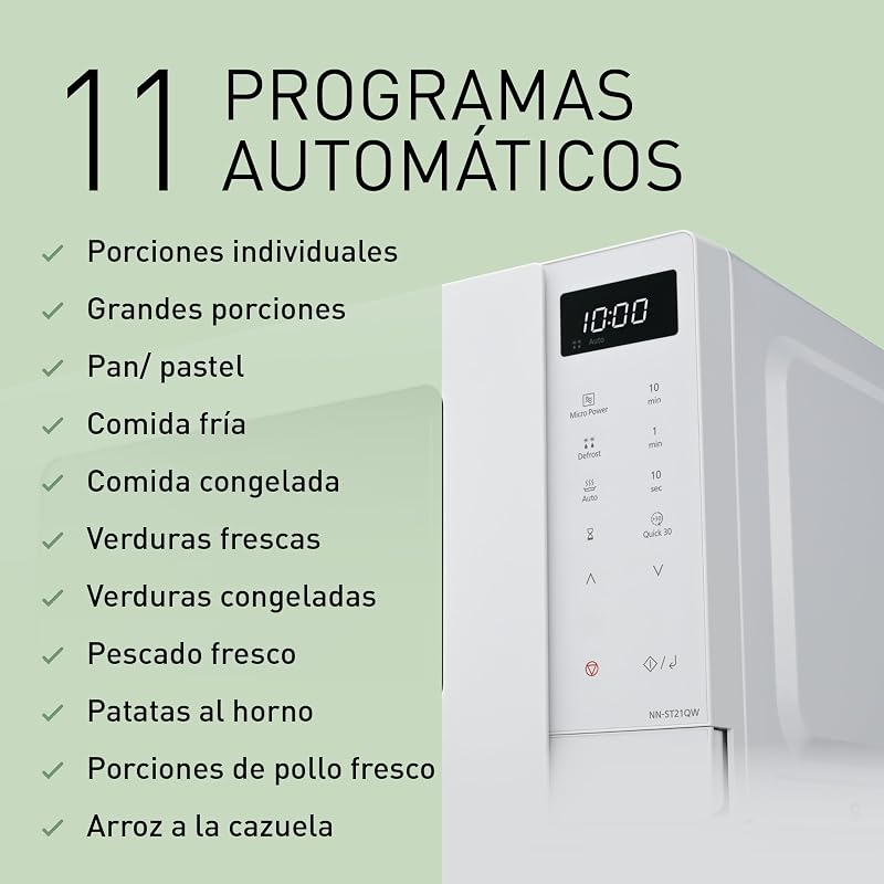 NN-ST21QWEPG Solo Horno Microondas 20L con Bandeja de Vidrio, 800 W, Descongelación Automática, 11 Programas Automáticos, Pantalla LED, 5 Ajustes de Potencia, Temporizador Digital, Blanco