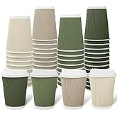 Whaline 100Pcs Nude Sage Green Disposable Coffee Cups with Lids 12oz Milky White Brown Green Paper Cups Corrugated Ripple Wall Insulated Hot Cups for Home Office Party Supplies