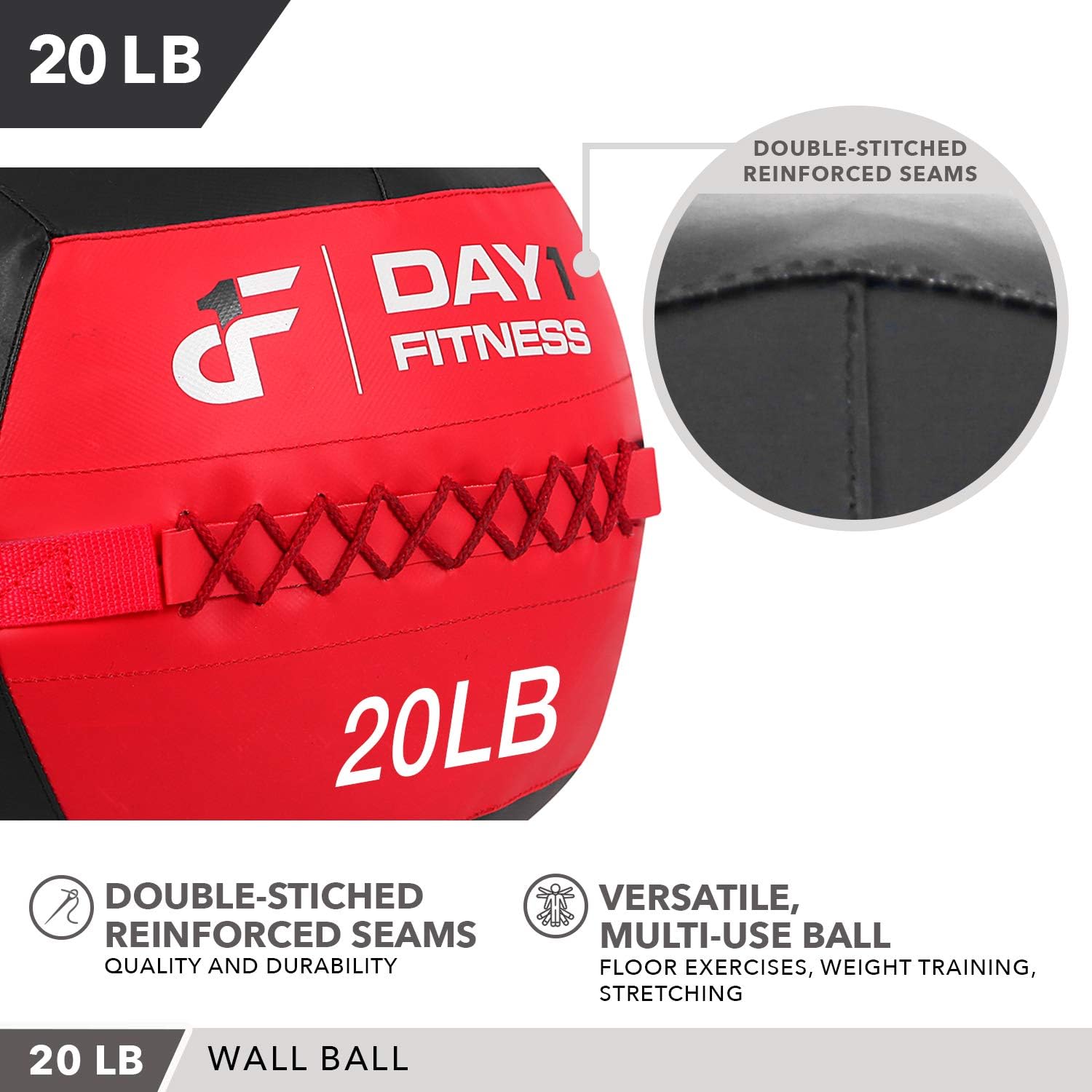 Day 1 Fitness Soft Wall Medicine Ball 20 Pounds RED/BLACK - for Exercise, Rehab, Core Strength, Large Durable Balls for Floor Exercises, Stretching: Sports & Outdoors