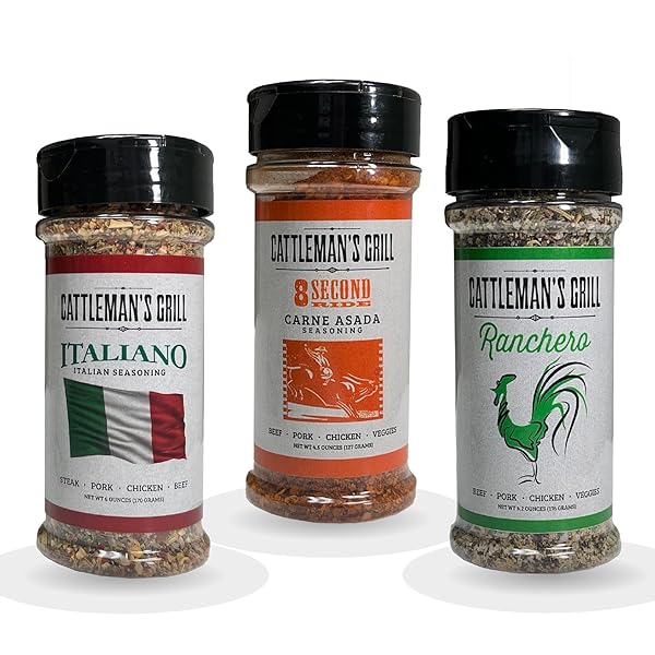 CATTLEMAN’S GRILL 3-PACK GIFT SET BBQ RUB 8 SECOND RIDE CARNE ASADA, ITALIANO, RANCHERO FLAVORS RUB AND SEASONING FOR STEAK, PORK, CHICKEN, BEEF, VEGGIES 5 TO 6OZ BOTTLES BY PINNACLE MERCANTILE