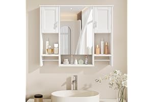 VECELO Bathroom Wall Cabinet with Mirror, Wall Mounted Medicine Cabinet with Open Shelves, 2 Towels Bars for Bathroom Laundry Room Kitchen