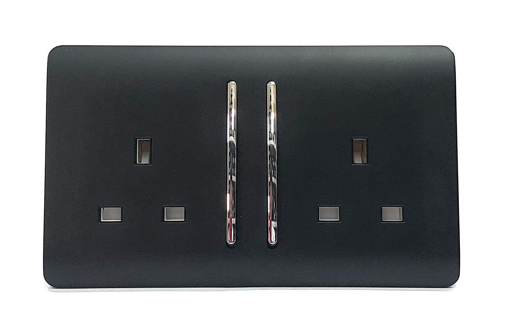 Trendi Switch 2 Gang Artistic Modern Glossy 13 Amp Switched Tactile Plug Socket, Matt Black, ART-SKT213L