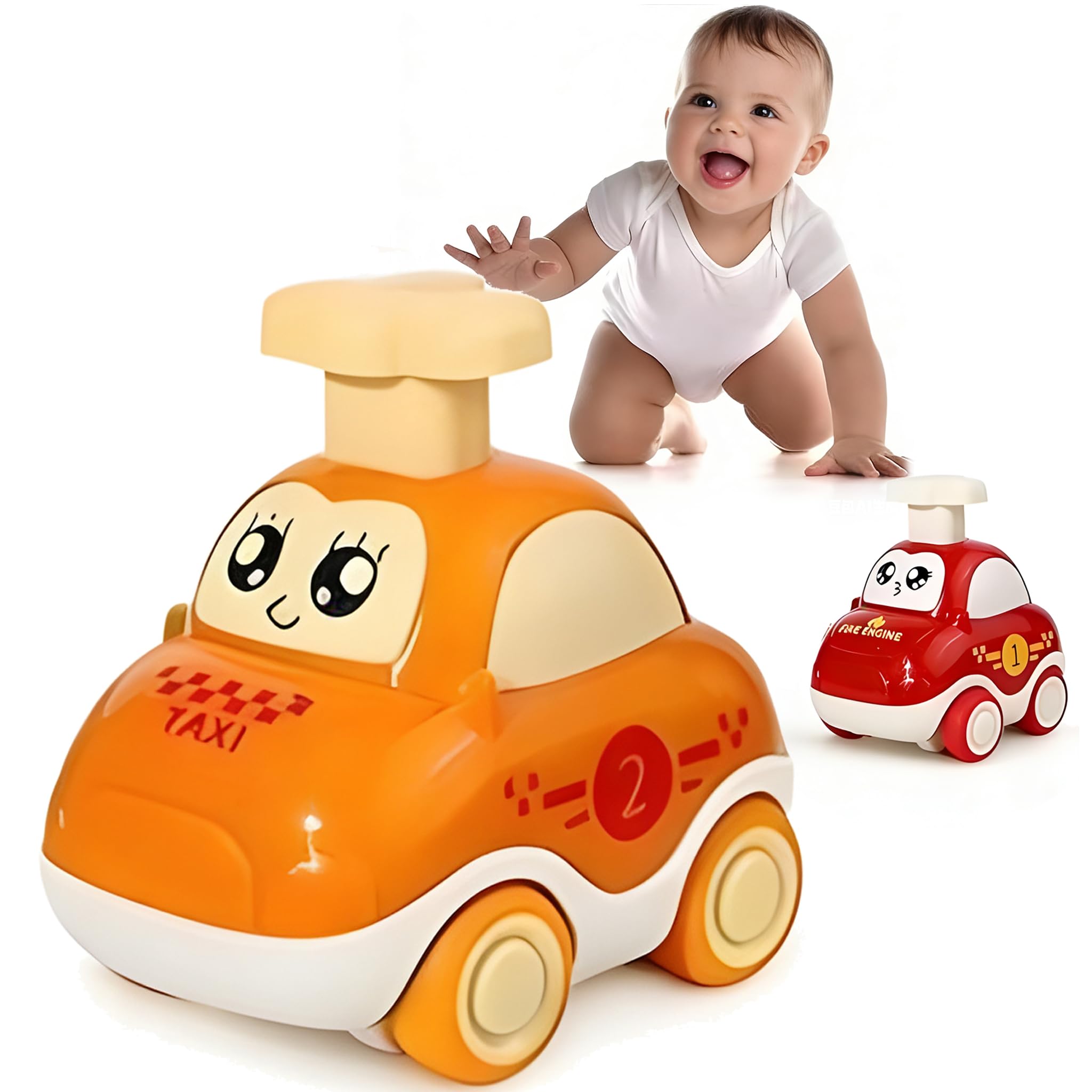 focombance Press to Go Cartoon Cars Racing Cars Toys for Toddlers 1 2 3 Year Old Boys Birthday Gift Boys Girls Mini Vehicle Toys Friction Car Party Favors for Kids ABS Orange