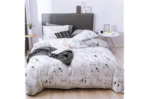 DREAMINGO Kids Duvet Cover Twin Cotton Cat Bedding Set Cute Room Decor Aesthetic Bed Set Twin Size Cat Duvet Cover White Bedding Reversible Checkered Modern Kawaii Style Lightweight Comforter Cover