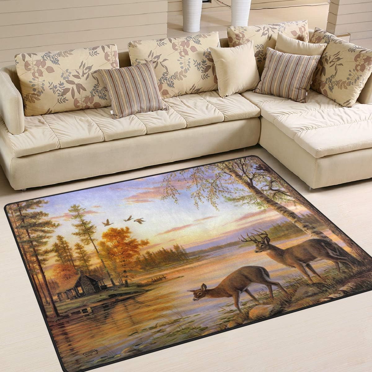 Gaz X Peaceful Log Cabin Deer Flying Bird Pattern Area Rug Rugs For Living Room Bedroom 7 X 5 Amazon Ca Home Kitchen