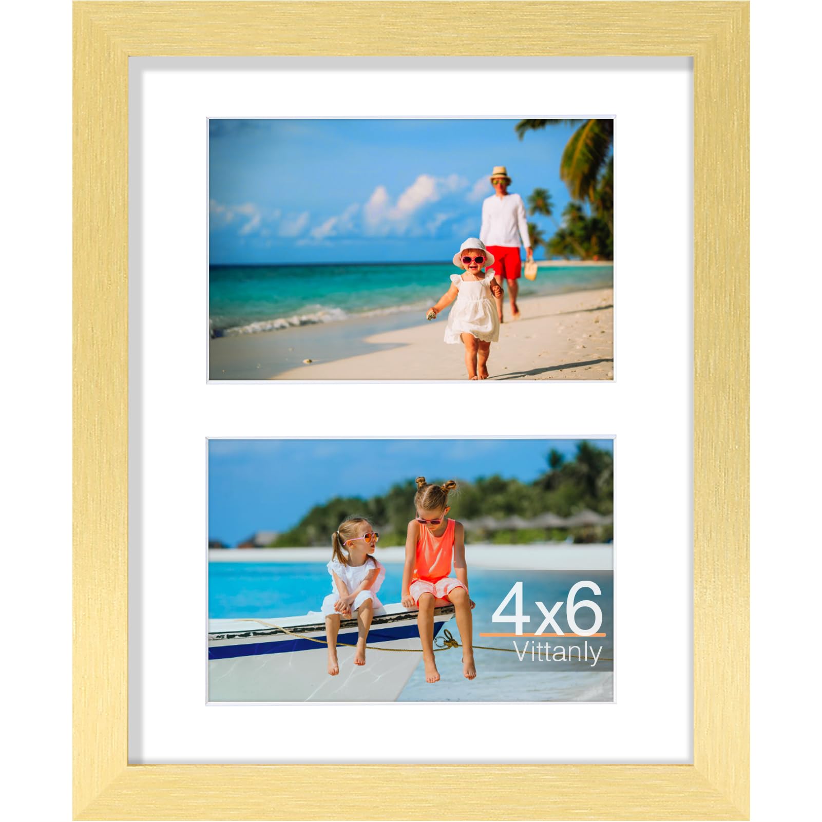 Vittanly 8x10 Collage Picture Frame, Displays 2Pcs 4x6 Pictures with Mat, Photo Frame for Wall Mounting or Table Top with Stand, Gold, 1 Pack