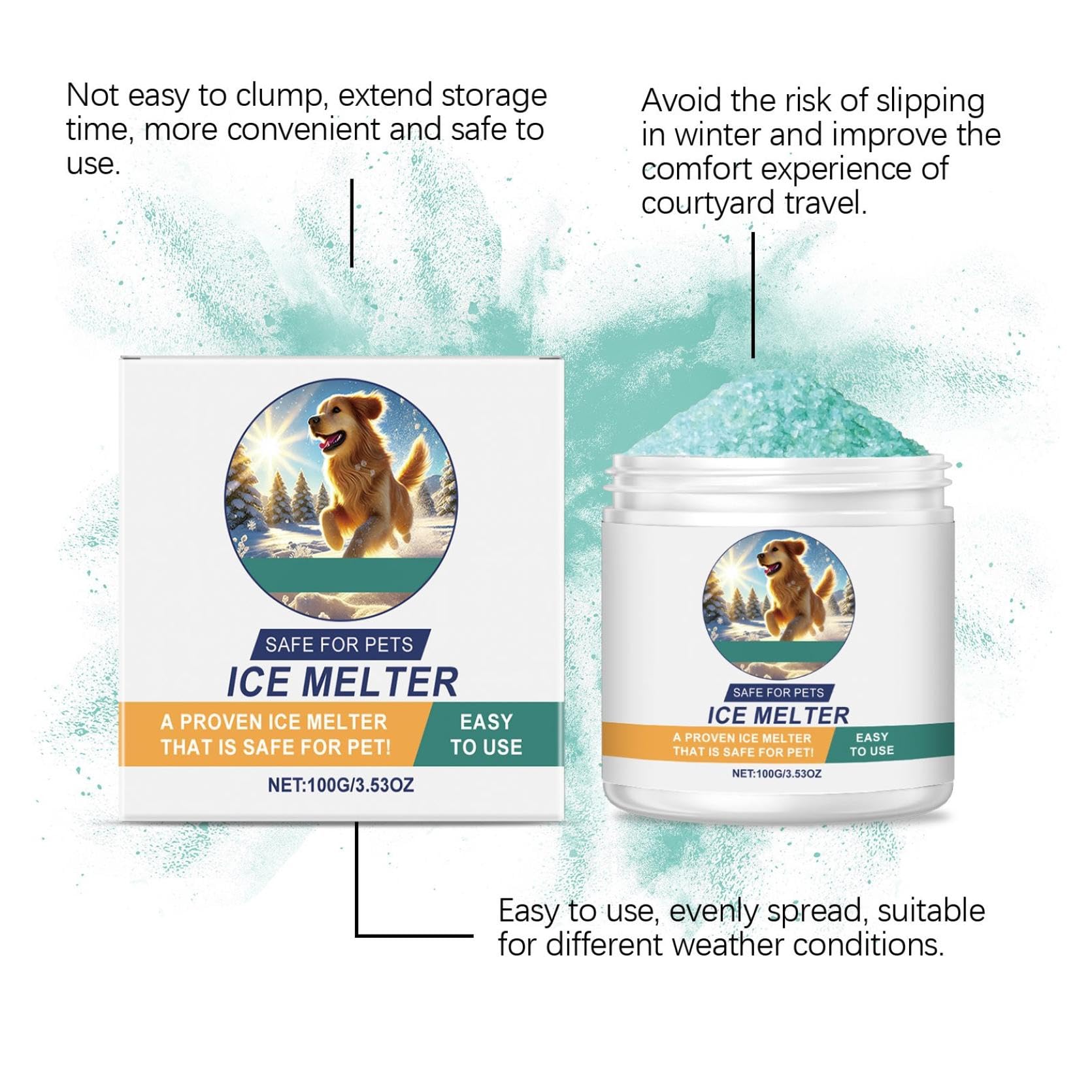 Safe Ice Melt, Chien/Enfant/Animaux de Compagnie Safe Ice Melt, Non Toxique,agissant Rapidement,Dure 3X Plus Longtemps,dégivrage idéal chemins,Plus sûr pour les animaux domestiques,béton 100G (1)