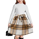 Arshiner Girls Dresses Long Sleeve Rib Knit Plaid Patchwork Belted Dress with Pockets