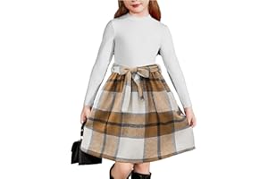 Arshiner Girls Dresses Long Sleeve Rib Knit Plaid Patchwork Belted Dress with Pockets