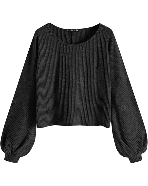 ZAFUL Women Ribbed Knit Long Sleeve Tops Shirts Lantern Sleeve Oversized Pullover Crop Sweater