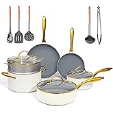 OUBRL ceramic cookware set,Healthy,Non Toxic,Pots and Pans Set non stick,14-Pcs Kitchen induction cooking Sets, nonstick Pot and Pan Set with silicione Utensils,PFOS/PFOA Free,Cream and Gold
